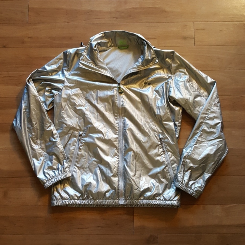 Shiny Silver Koppen Zip Windbreaker, Rain Jacket